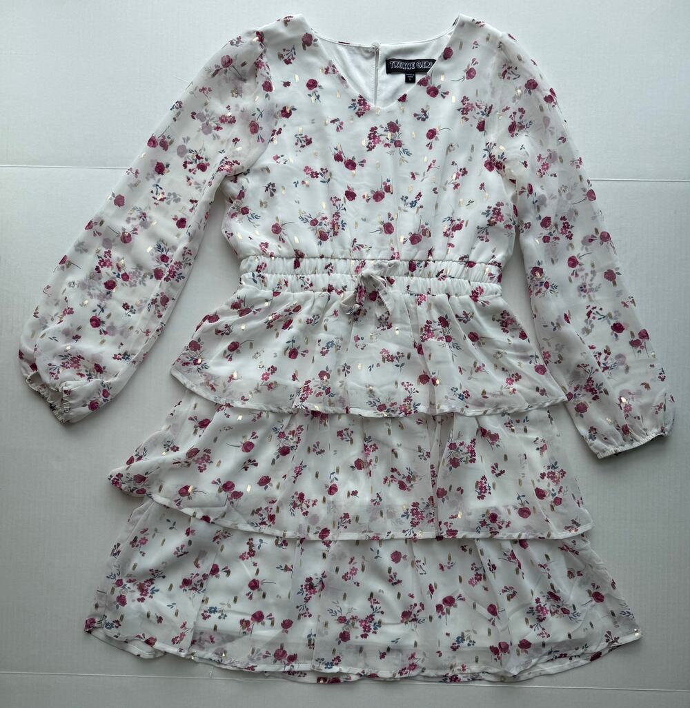 Trixxi Girl Floral Tiered Lined White Pink Gold Shimmer Girls Large